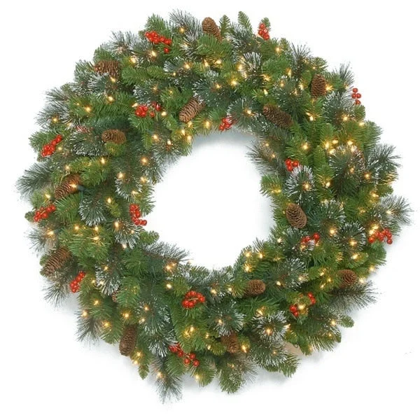 National Tree Company 30 in. Crestwood Spruce Wreath with Battery Operated Warm White LED Lights