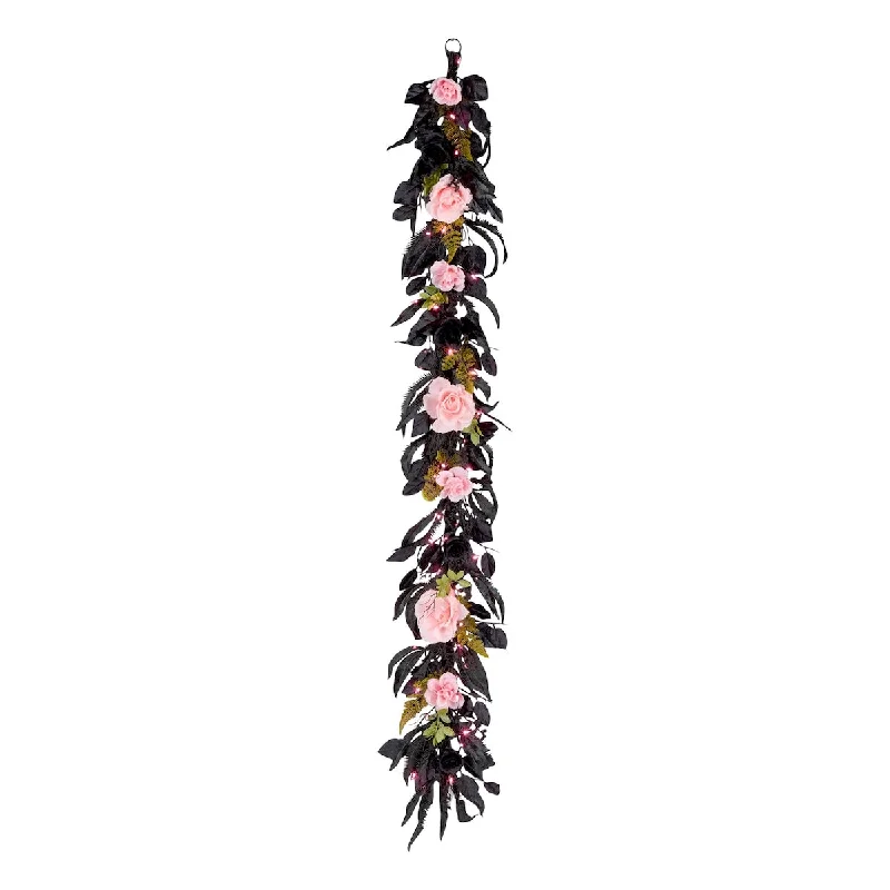 National Tree Company 6 ft. Artificial Cute and Creep Halloween Garland, 50 Pink LED Lights, Battery Operated - 6 ft