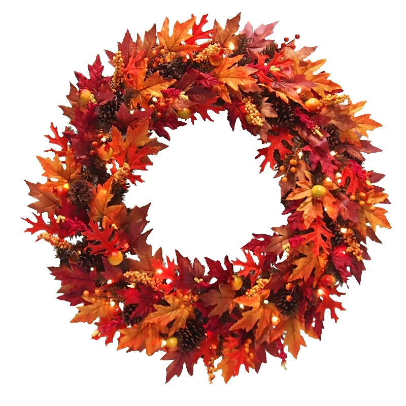 National Tree Company Artificial Autumn Wreath with Gourds, Pinecones, Maple Leaves, Berry Clusters and Lights, 36 in. - 36 in