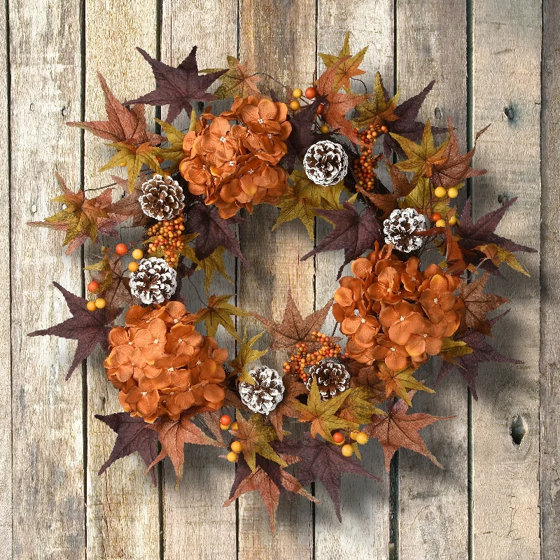 National Tree Company Artificial Autumn Wreath with Hydrangeas, Maple Leaves, Pinecones, Berry Clusters, 24 inches - 24 in