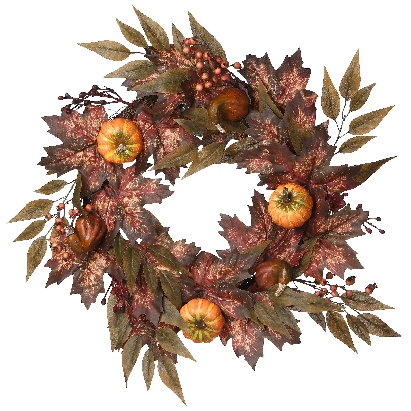 National Tree Company Artificial Autumn Wreath with Pumpkins, Berry Clusters, Ivy, Maple Leaves, 24 inches - 24 in