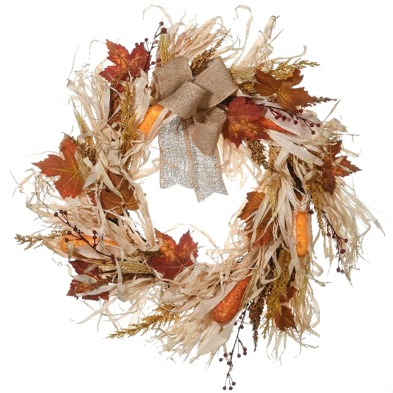 National Tree Company Artificial Autumn Wreath with Raffia Leaves, Corn Cobs, Berry Clusters, 24 Inches - 24 in