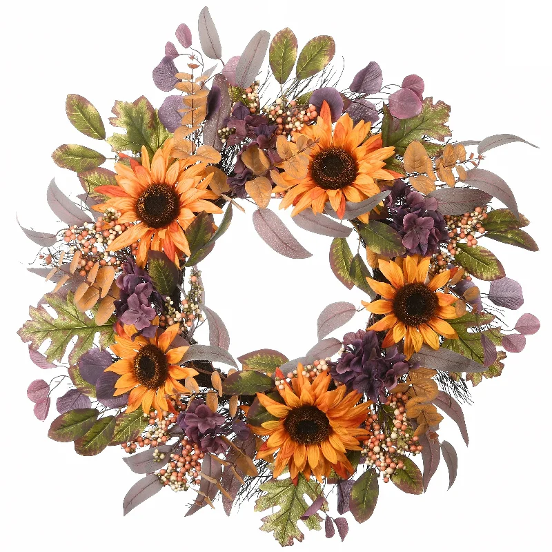 National Tree Company Artificial Autumn Wreath with Sunflowers, Hydrangea Blooms, Assorted Leaves, 30 Inches - 30 in