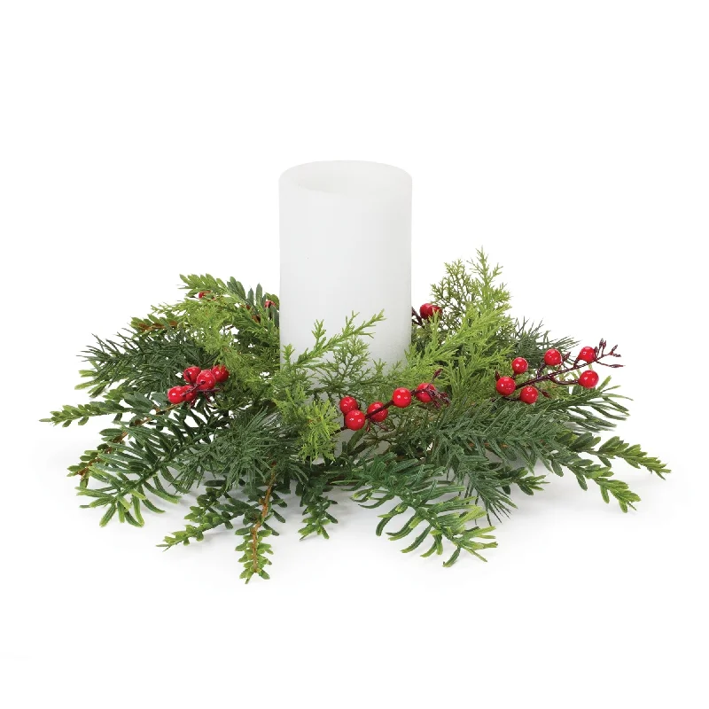 Pine Berry Candle Wreath 14"D - Green, Red