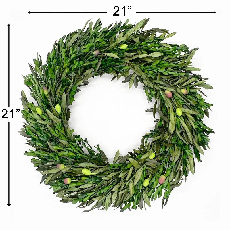 Preserved Decorative Dried Real Olive Boxwood Leaf Wreath 21 Inch - Green