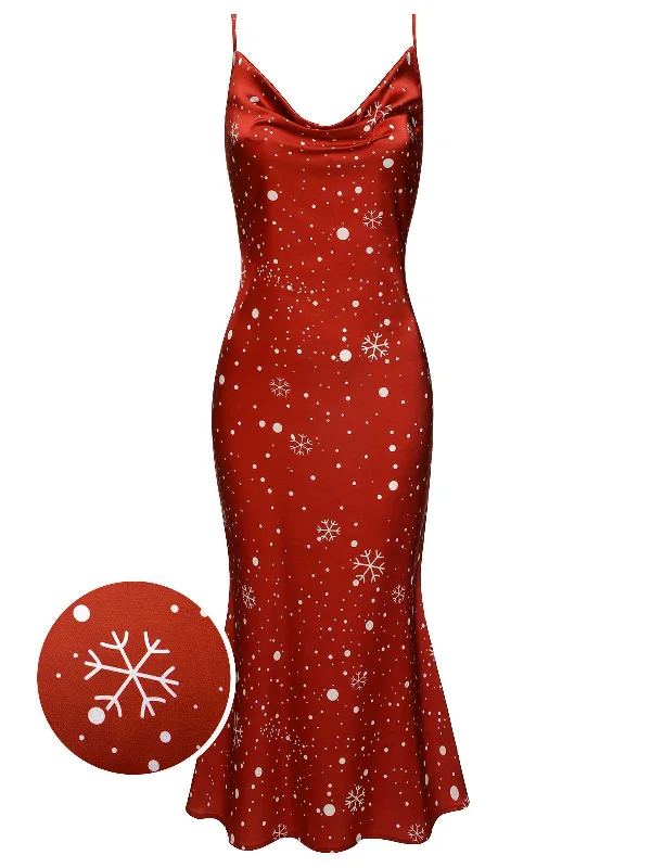 Red 1930s Christmas Strap Snowflake Mermaid Dress