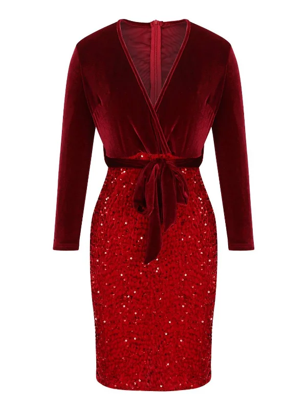 Red 1960s Velvet Sequined Patchwork Pencil Dress