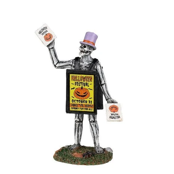 Spooky Town Figurine <br> Sandwich Board Skeleton