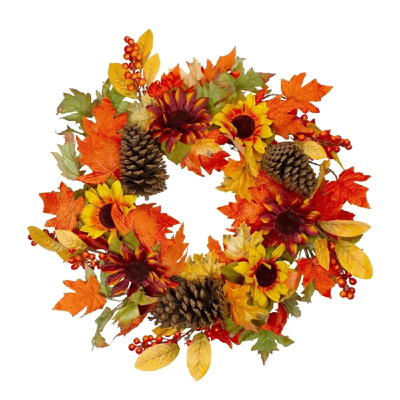 Sunflower Foliage and Pine Cone Fall Harvest Wreath - 24 inch Unlit - N/A