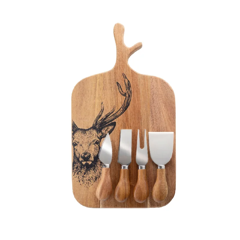 Stag Cheese Board & Knife Set | Acacia Wood | 4 Piece