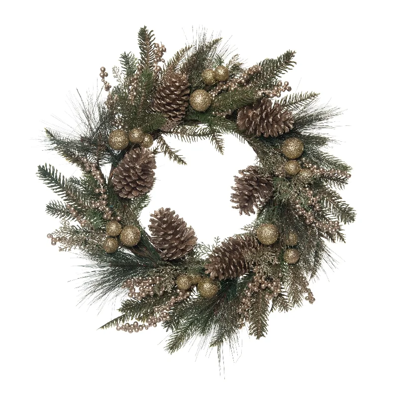 Transpac Artificial 24 in. Multicolor Christmas Pine Wreath - Green/Brown/Gold