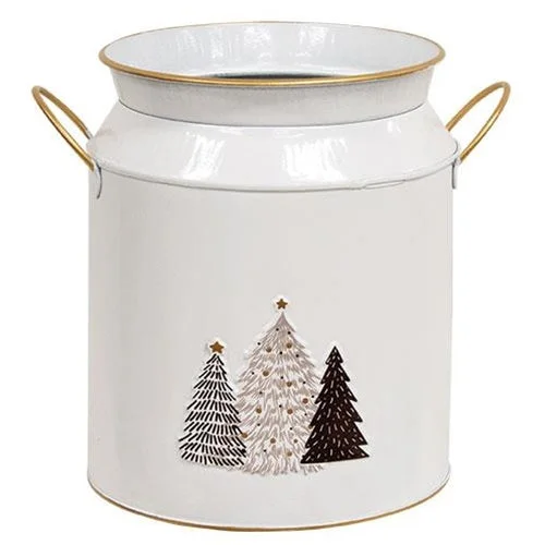 White & Gold Handle Milk Can w Tree Embossed Accent