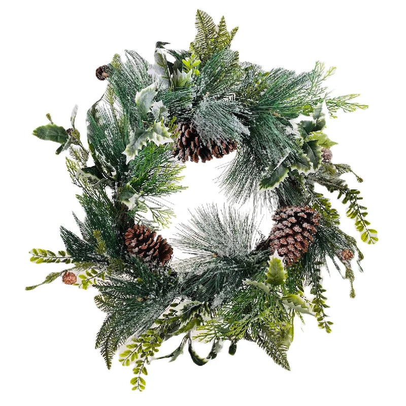 Wreath Iced Evergreen Mix with Natural Cones - Green - 24" Round x 5"D