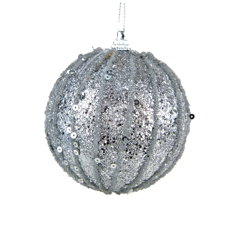 Christmas Bauble, Silver Sequins Stripes #48- 8cm