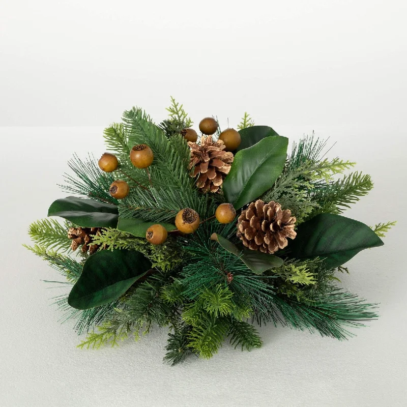 10"H Sullivans Artificial Christmas Mixed Pine Magnolia Orb, Green-Brown