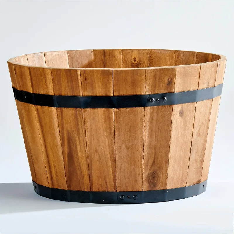 11" Light Brown Nested Acacia Wood Barrel Planter