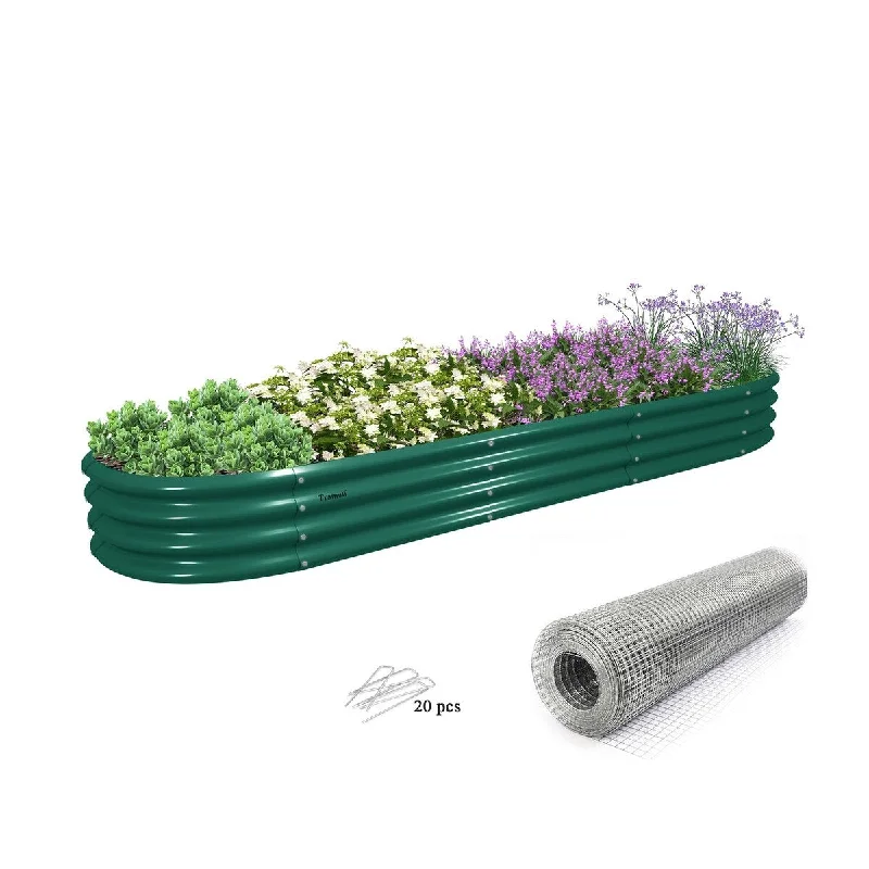 12×2×1ft Green Oval Galvanized Metal Raised Garden Beds with Gopher Wire Mesh - 144"×24"×12"