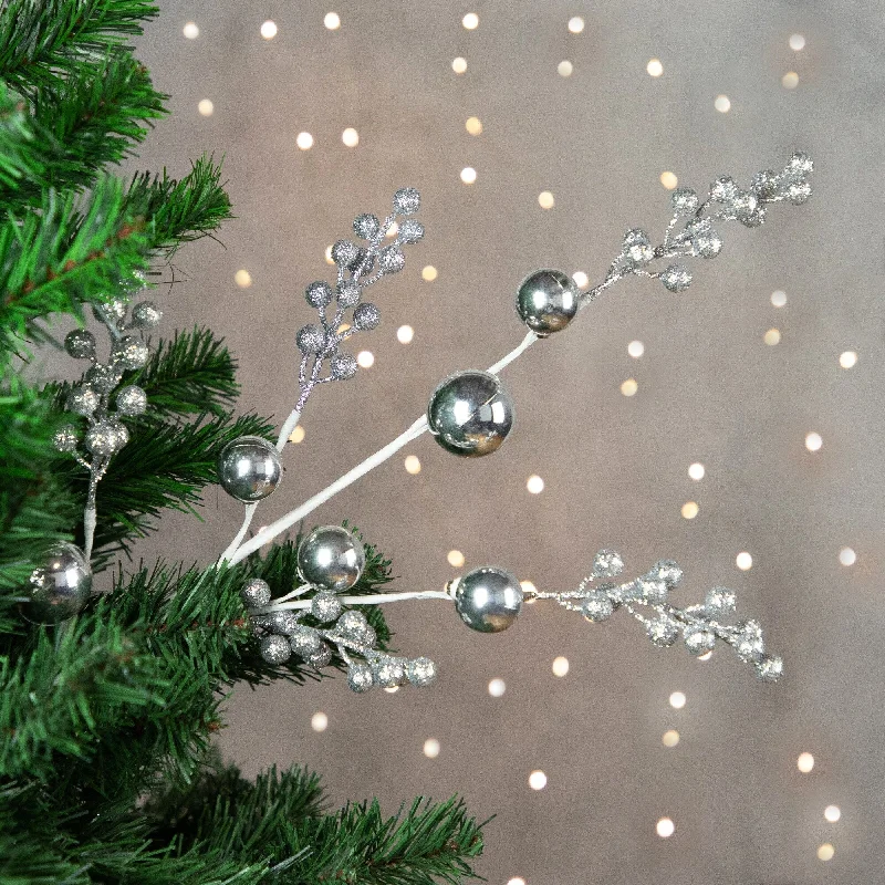 29" Silver Glitter Berries Christmas Spray With Ornaments