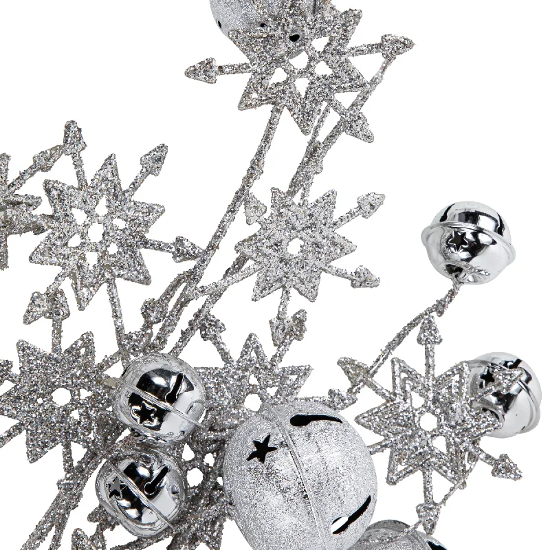 34" Silver Jingle Bells and Glitter Snowflakes Artificial Christmas Spray