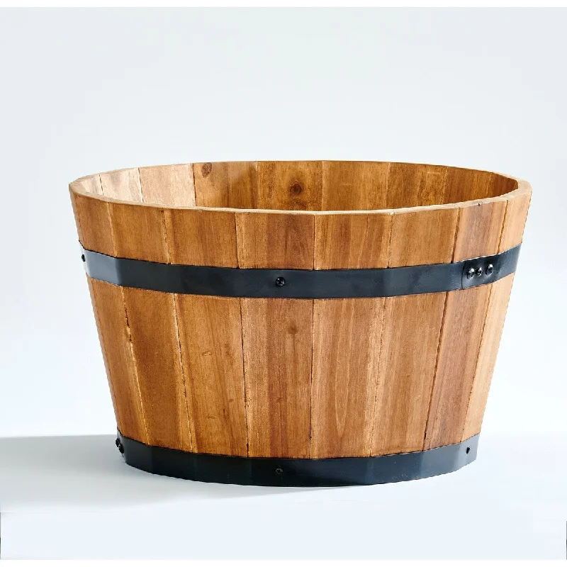 9" Light Brown Nested Acacia Wood Barrel Planter