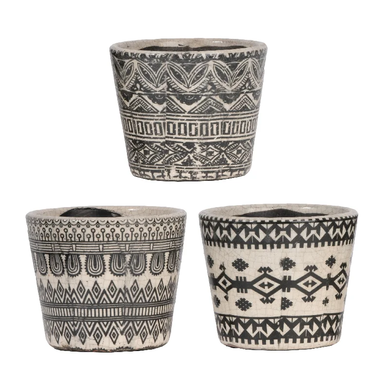 A&B Home Black and White Crackled Patina Patterned Terracotta Planters (Set of 3)