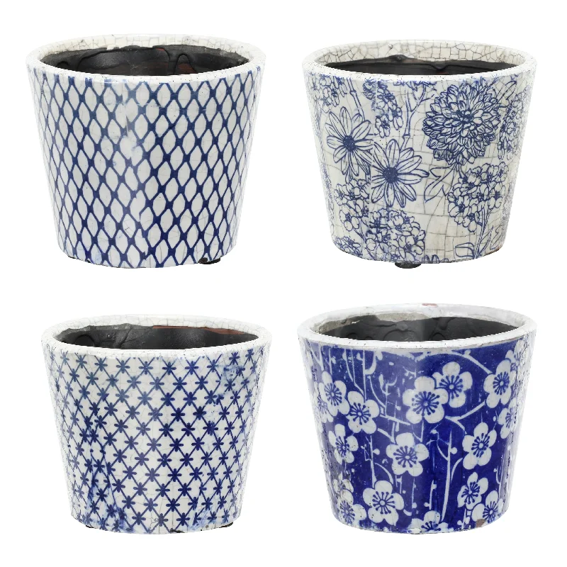 A&B Home Terracotta Blue and White Planters (Set of 4)