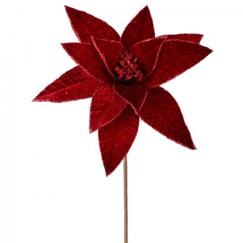 Burgundy Velvet With Glitter Edge Poinsettia Stem Artificial Flower