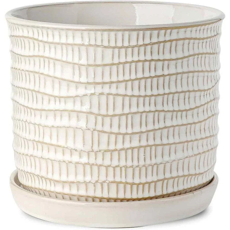 Ceramic Planter Pot with Drainage Hole & Saucer - Beaded Embossed Design White Planter with Separate Tray