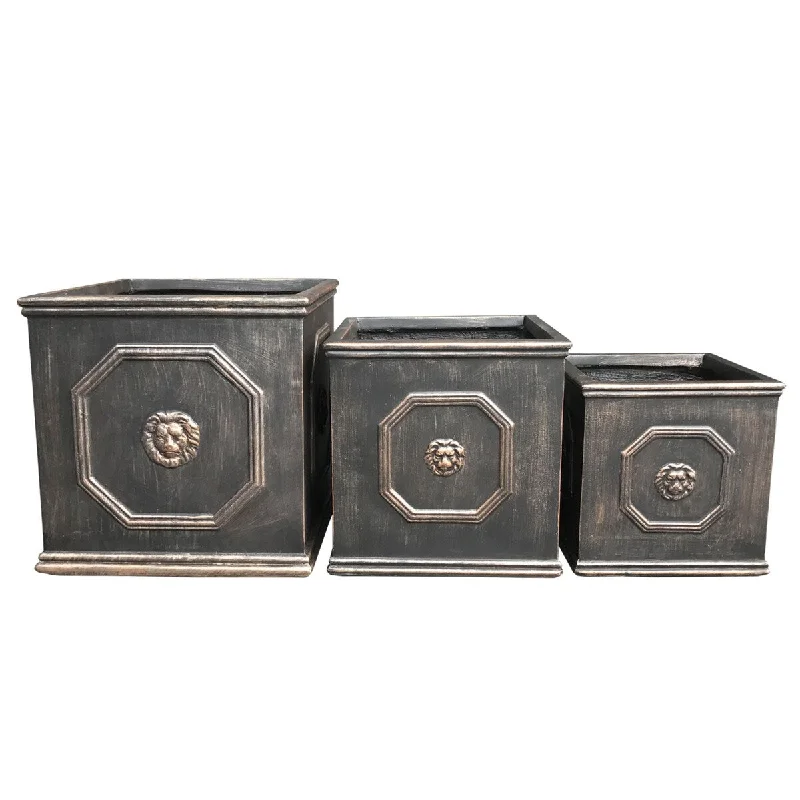 DurX-litecrete Lightweight Concrete Lion Head Square Bronze Planter Set of 3 - 14.96'x14.96'x14.96'