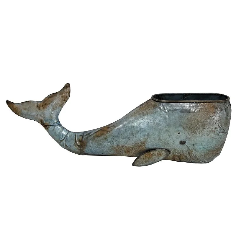 Foreside Home & Garden Blue Distressed Metal Whale Planter - 7x24x8