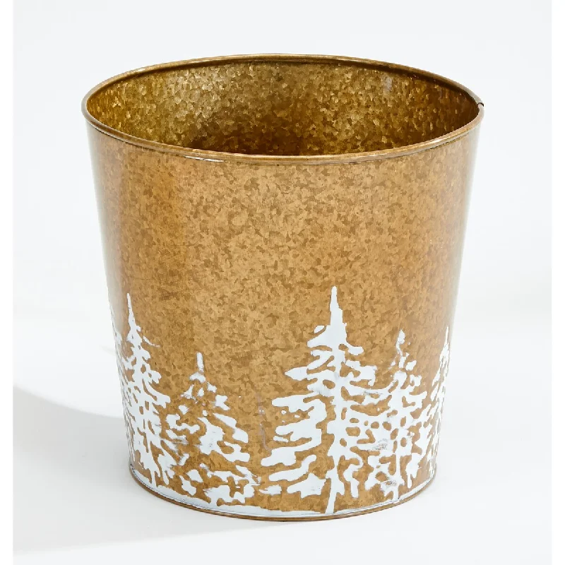 Gold Galvanized Metal Christmas Planter Bucket with Tree Design, 9.25" Height, 9.5" Diameter, Set of 2 - 9.25