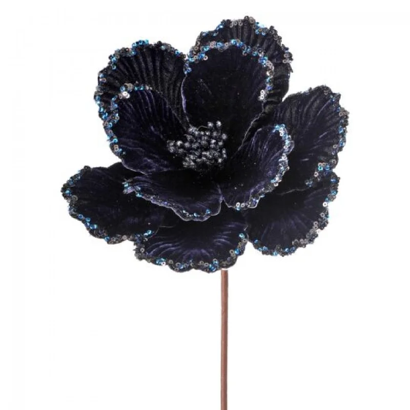 Midnight Blue Velvet With Glitter Edge Magnolia Stem Artificial Flower