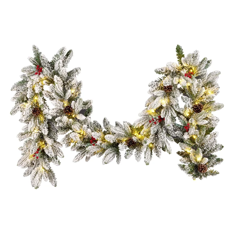 National Tree Company 9 ft. Pre-lit Feel Real Snowberry Pine Artificial Christmas Garland with Red Berries, Cypress Tips