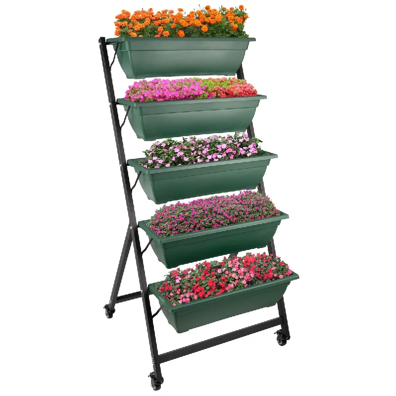 Raised Garden Beds - 5 Tier Vertical Garden Planter - Planters for Outdoor Plants by Pure Garden (Green with Wheels