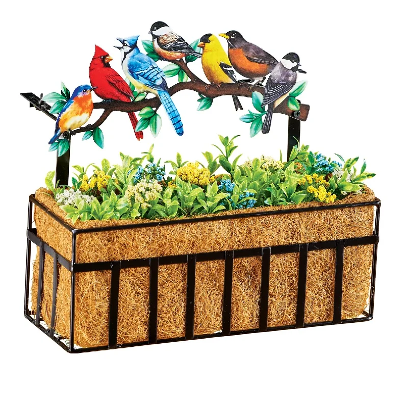 Songbirds Iron Metal Deck Rail Planter with Coco Basket for Flowers - 14.5 x 12.81 x 10.75