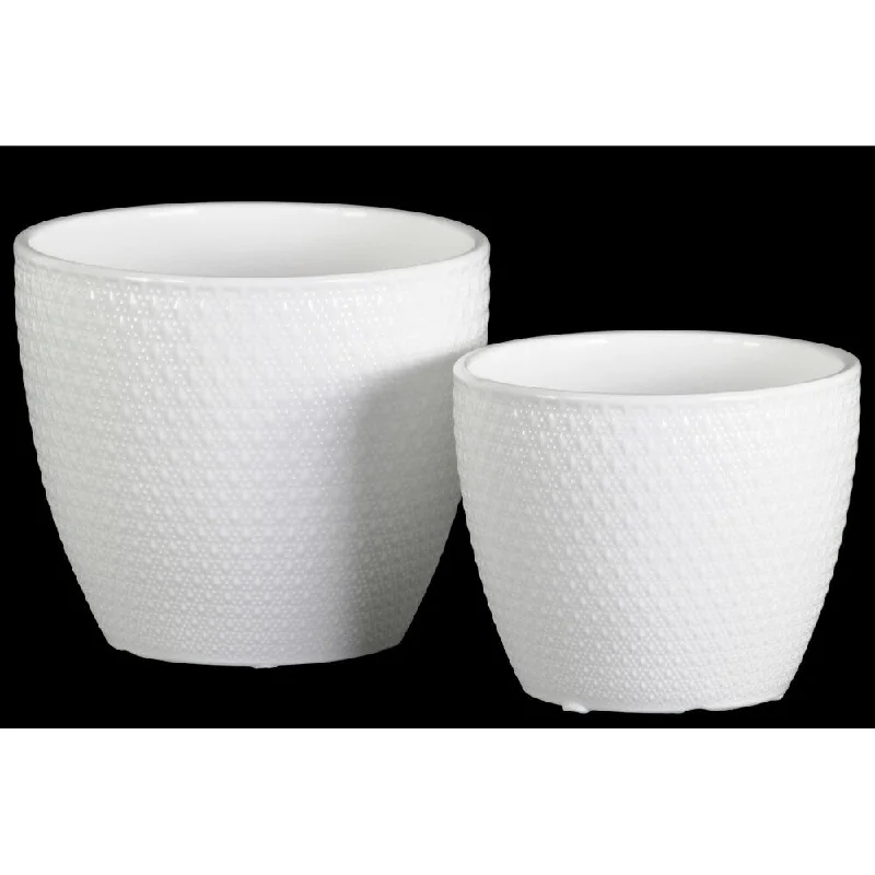 UTC51800: Ceramic Round Pot with Embossed Diamond Design Body and Tapered Bottom Set of Two Gloss Finish White