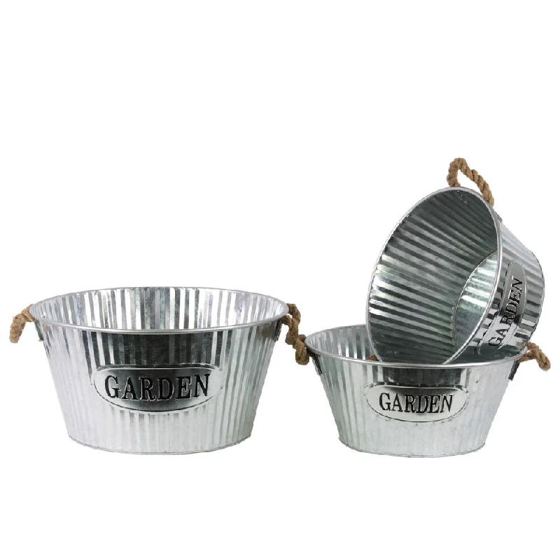 Washed Finish Silver Metal Short Round Planter with Corrugated Sides Design and Rope Handles (Set of 3)