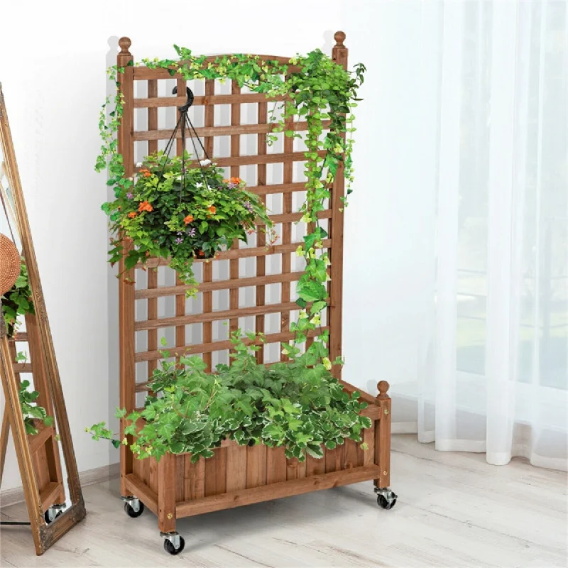 Wood Planter Box with Trellis Mobile Raised Bed